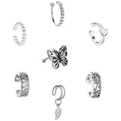 7pcs Ear Cuffs Silver Helix Cartilage Conch Clip on Wrap Earrings Non-Piercing Huggie Cuff Earrings for women