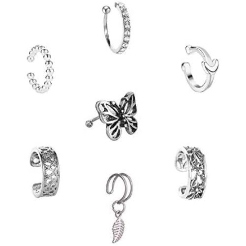 7pcs Ear Cuffs Silver Helix Cartilage Conch Clip on Wrap Earrings Non-Piercing Huggie Cuff Earrings for women