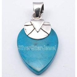 SilverStarJewel Turquoise Flat Necklace Pendant 1.2'' Solid Sterling Silver New Art