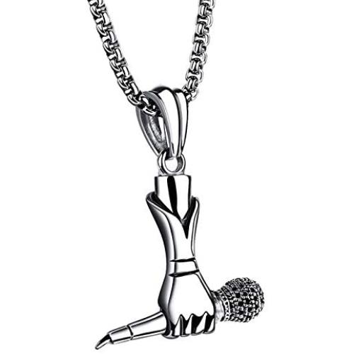 Fusamk Hip Hop Music Titanium Steel Microphone Tag Pendant 24'' Chain Necklace