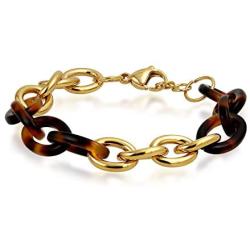 Bling Jewelry Fashion Brown Golden Acrylic Tortoise Shell Oval Chain Link Bracelet for Women Gold Plated Stainless Steel