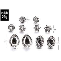 Haloty 5 Pairs Bohemian Black Crystal Earrings Set Saprkling Teardrop Flower Fashion Rhinestone Ear Jewelry for Women and Girls