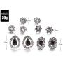 Haloty 5 Pairs Bohemian Black Crystal Earrings Set Saprkling Teardrop Flower Fashion Rhinestone Ear Jewelry for Women and Girls