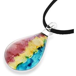 Suvani Jewelry Hand Blown Venetian Murano Glass Pastel Rasta Reggae Pastel 3 Colors Teardrop Puff Pendant Necklace