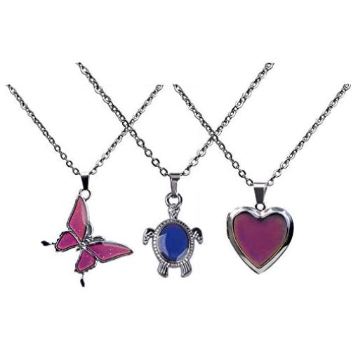 3pcs Temperature Sensing Color Changing Mood Necklace Set Turtle Butterfly Love Heart Shape Pendant Control Emotion Feeling Romantic Stainless Steel Chain Jewelry
