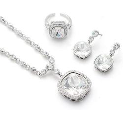 Jewelry Sets Necklace Ring Earrings Set 18k White Gold Plated Halo Teardrop Pendant Necklace Round Cut Cubic Zirconia for Women Girls Wedding Party Gift