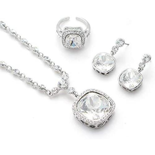 Jewelry Sets Necklace Ring Earrings Set 18k White Gold Plated Halo Teardrop Pendant Necklace Round Cut Cubic Zirconia for Women Girls Wedding Party Gift
