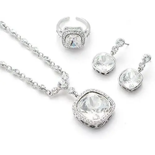 Jewelry Sets Necklace Ring Earrings Set 18k White Gold Plated Halo Teardrop Pendant Necklace Round Cut Cubic Zirconia for Women Girls Wedding Party Gift