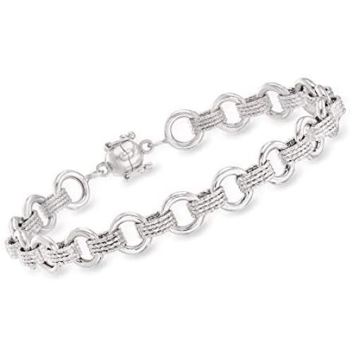 Ross-Simons Sterling Silver Textured and Polished Circle-Link Bracelet With Magnetic Clasp