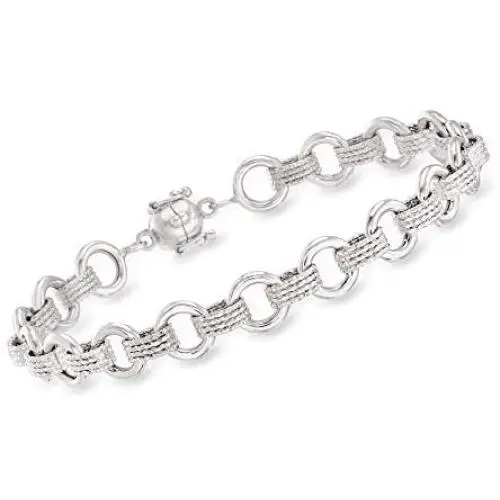 Ross-Simons Sterling Silver Textured and Polished Circle-Link Bracelet With Magnetic Clasp Ross-Simons Sterling Silver Textured and Polished Circle-Link Bracelet With Magnetic Clasp