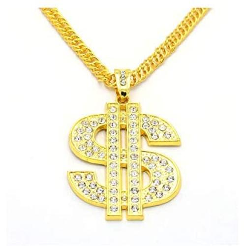 Gold Chain with Dollar Sign Big Money Necklaces for Men Women,Stainless Steel Iced Out Rhinestone Jewelry,Fashion Pendants with 28 Inches Chain
