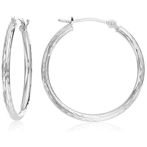 14k White Gold Hand Engraved Full Diamond-cut Round Hoop Earrings