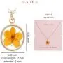 BONALUNA Pressed Flower Circle Frame Pendant with Yellow Gold Plated Necklace