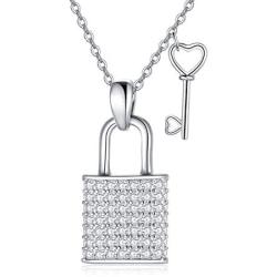 Lock and Key Necklace 925 Sterling Silver Necklace for Women Girl, 18''+2''