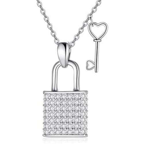 Lock and Key Necklace 925 Sterling Silver Necklace for Women Girl, 18''+2''