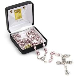 Catholic Silver Swarovski Pearl Rosary Necklace with Rose Detailed 2''L Crucifix Pendant (Italian Made)