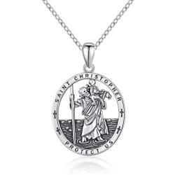 Oval St Christopher/Jesus Medal Necklace for Men Women, THRISHULA Sterling Silver Saint Christopher Protect US Oxidation Pendant Necklace Jewelry Gift 18+2(Gift Box Included)