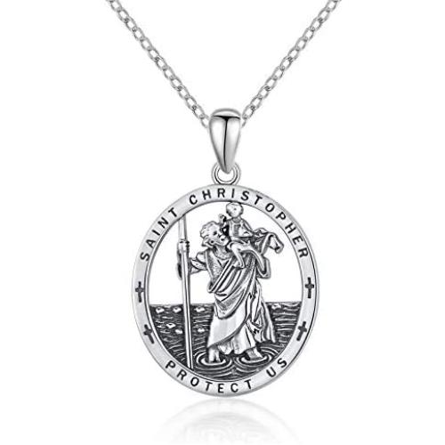 Oval St Christopher/Jesus Medal Necklace for Men Women, THRISHULA Sterling Silver Saint Christopher Protect US Oxidation Pendant Necklace Jewelry Gift 18+2(Gift Box Included)