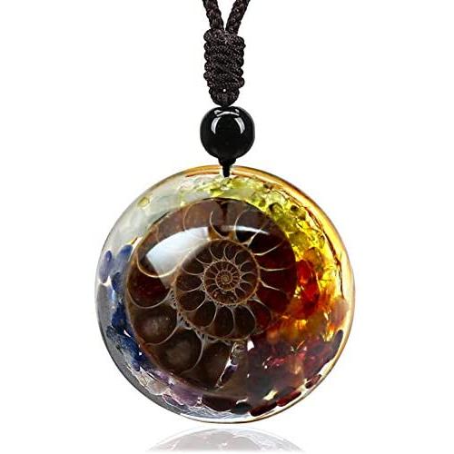 7 Chakra Natural Spiral Healing Crystal Necklace, Resin Ammonite Fossil Energy Stone Pendant, Adjustable Necklace Spiritual Jewelry Gift for Women Men