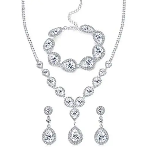 FUNRUN JEWELRY Wedding Bridal Crystal Jewelry Set for Women Teardrop Statement Necklace Bracelets Earrings Set FUNRUN JEWELRY Wedding Bridal Crystal Jewelry Set for Women Teardrop Statement Necklace Bracelets Earrings Set