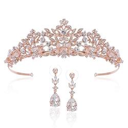 SWEETV Rose Gold Wedding Tiara Earrings Jewelry Set for Women - Bridal Tiara & Dangle Earrings with Rhinestones