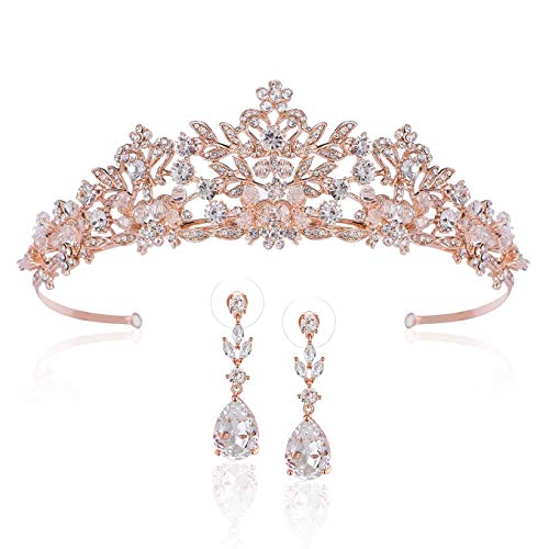 SWEETV Rose Gold Wedding Tiara Earrings Jewelry Set for Women - Bridal Tiara & Dangle Earrings with Rhinestones
