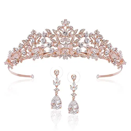 SWEETV Rose Gold Wedding Tiara Earrings Jewelry Set for Women - Bridal Tiara & Dangle Earrings with Rhinestones SWEETV Rose Gold Wedding Tiara Earrings Jewelry Set for Women - Bridal Tiara & Dangle Earrings with Rhinestones