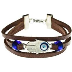 Leather Evil Eye Bracelet for Women and Men with Antique Silver Plated Hamsa Hand Charm and Blue Beads