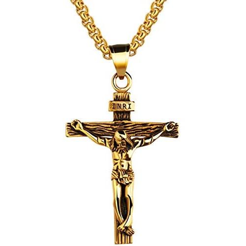 LineAve Mens Stainless Steel Jesus Christ Crucifix Cross Pendant Necklace