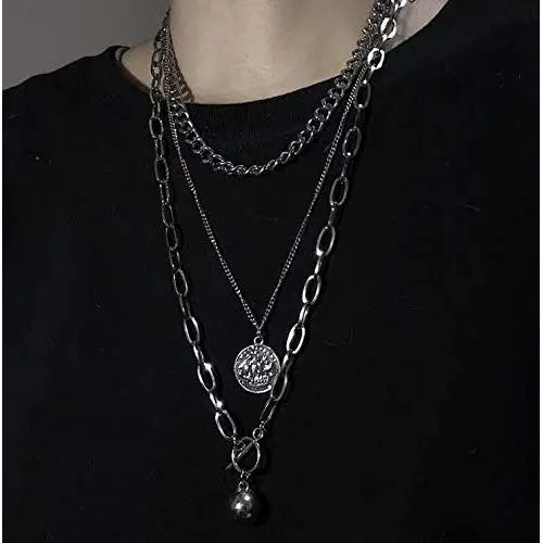 YERTTER Dainty Unique Punk Layering Chain Choker Necklace Boho Jewelry Set Layered Silver Coin Pendant Statement Chunky Chain Necklace for Women Man YERTTER Dainty Unique Punk Layering Chain Choker Necklace Boho Jewelry Set Layered Silver Coin Pendant Statement Chunky Chain Necklace for Women Man