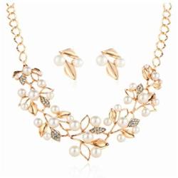 Blufly Vintage Pearl Earrings and Necklace Set Boho Gold Olive Leaf Crystal Earrings Set Rhinestone Sweater Necklaces Bib Necklace Chain Bridal Jewelry Set for Women and Girls