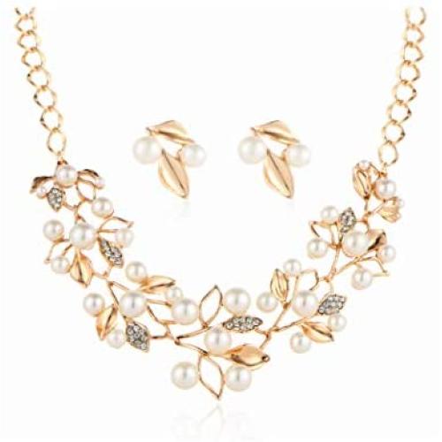 Blufly Vintage Pearl Earrings and Necklace Set Boho Gold Olive Leaf Crystal Earrings Set Rhinestone Sweater Necklaces Bib Necklace Chain Bridal Jewelry Set for Women and Girls