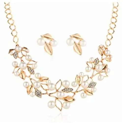Blufly Vintage Pearl Earrings and Necklace Set Boho Gold Olive Leaf Crystal Earrings Set Rhinestone Sweater Necklaces Bib Necklace Chain Bridal Jewelry Set for Women and Girls