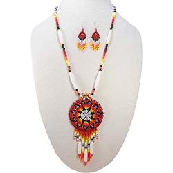 La vivia Handmade RED Seed Beads Long Medallion Star FIRE Beaded Necklace Earrings Set S-51-SB-10