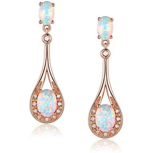 White Rose Gold Plated Opal Dangle Earrings Drop for Women Girls Hypoallergenic