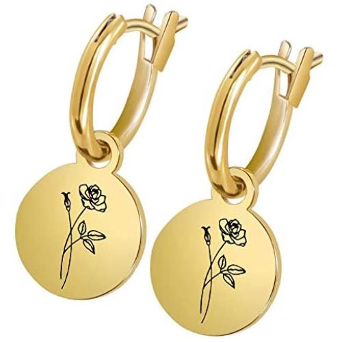 Birth Flower Earrings 18K Gold Plated, Dainty Dangle Statement Earrings Birth Month Earrings Personalized Coin Drop Birth Floral Earrings Jewelry Birthday Valentines Day Gift