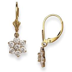 14k Yellow Gold Cubic Zirconia Flower Cluster Dangling Drop Leverback Earrings (7mm x 25mm)