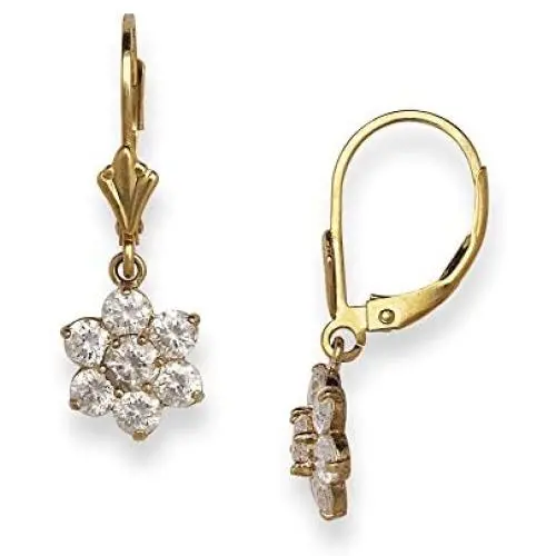 14k Yellow Gold Cubic Zirconia Flower Cluster Dangling Drop Leverback Earrings (7mm x 25mm) 14k Yellow Gold Cubic Zirconia Flower Cluster Dangling Drop Leverback Earrings (7mm x 25mm)