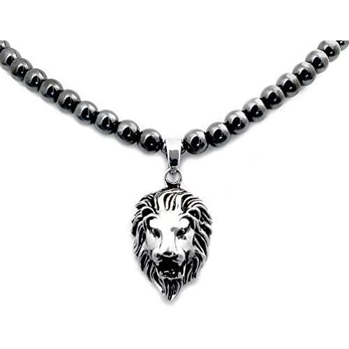 Accents Kingdom Mens Magnetic Hematite Therapy & Healing Stone Round Bead Necklace with Stainless Steel Lion Head Pendant