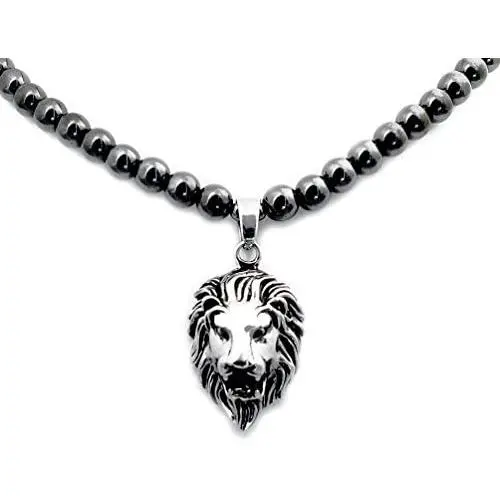 Accents Kingdom Mens Magnetic Hematite Therapy & Healing Stone Round Bead Necklace with Stainless Steel Lion Head Pendant Accents Kingdom Mens Magnetic Hematite Therapy & Healing Stone Round Bead Necklace with Stainless Steel Lion Head Pendant
