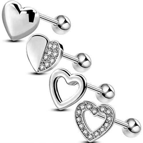 OUFER 4PCS Heart Helix Earrings 316L Surgical Steel Cartilage Earrings Women Gift Tragus Earrings Valentines Gift OUFER 4PCS Heart Helix Earrings 316L Surgical Steel Cartilage Earrings Women Gift Tragus Earrings Valentines Gift
