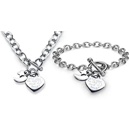 Charm Necklace and Bracelet Set I Love You to the Moon and Back Heart Toggle Stainless Steel