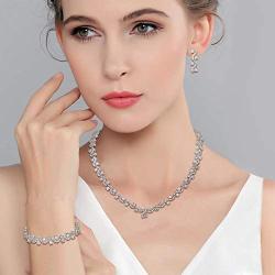 EVER FAITH Leaf Lace Full Pave Cubic Zirconia Wedding Necklace Bracelet Earrings Jewelry Set Silver-Tone