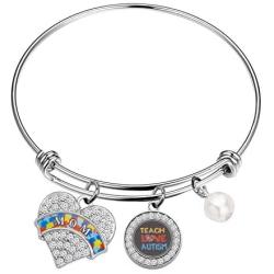 WSNANG Autism Awareness Jewelry Autistic Encouragement Gift Autism Mom/Aunt/Nana/Sister Wire Bangle with Teach Love Autism Charm Jewelry