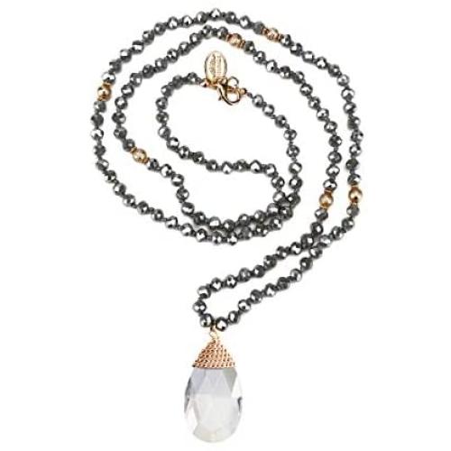 Niumike Crystal Beads Long Necklaces with Statement Transparent Pendant,100% Hand Braided Necklace