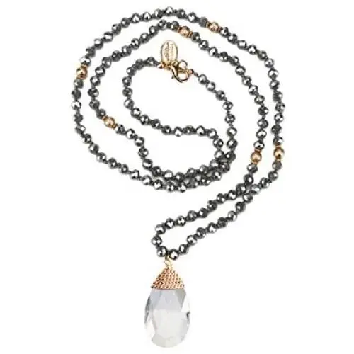 Niumike Crystal Beads Long Necklaces with Statement Transparent Pendant,100% Hand Braided Necklace
