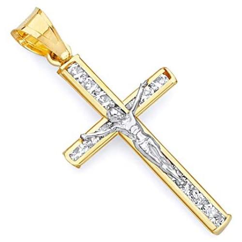 14k Two Tone Gold CZ Crucifix Jesus Cross Religious Charm Pendant - 3 Different Size Available