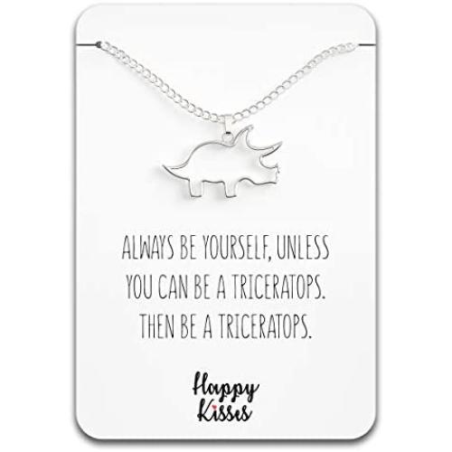 Happy Kisses Dinosaur Triceratops Necklace - Cute Pendant Gift for Women or Kids - Sweet & Funny Message Card