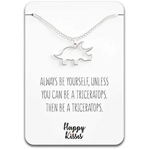Happy Kisses Dinosaur Triceratops Necklace - Cute Pendant Gift for Women or Kids - Sweet & Funny Message Card Happy Kisses Dinosaur Triceratops Necklace - Cute Pendant Gift for Women or Kids - Sweet & Funny Message Card