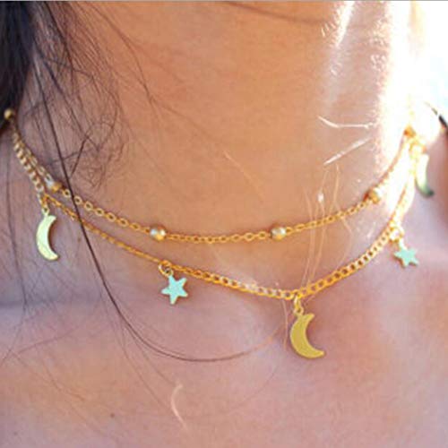 Avanlin Gypsy Layered Moon Necklaces Gold Star Pendant Necklace Beaded Choker Chain Jewelry for Women and Girls